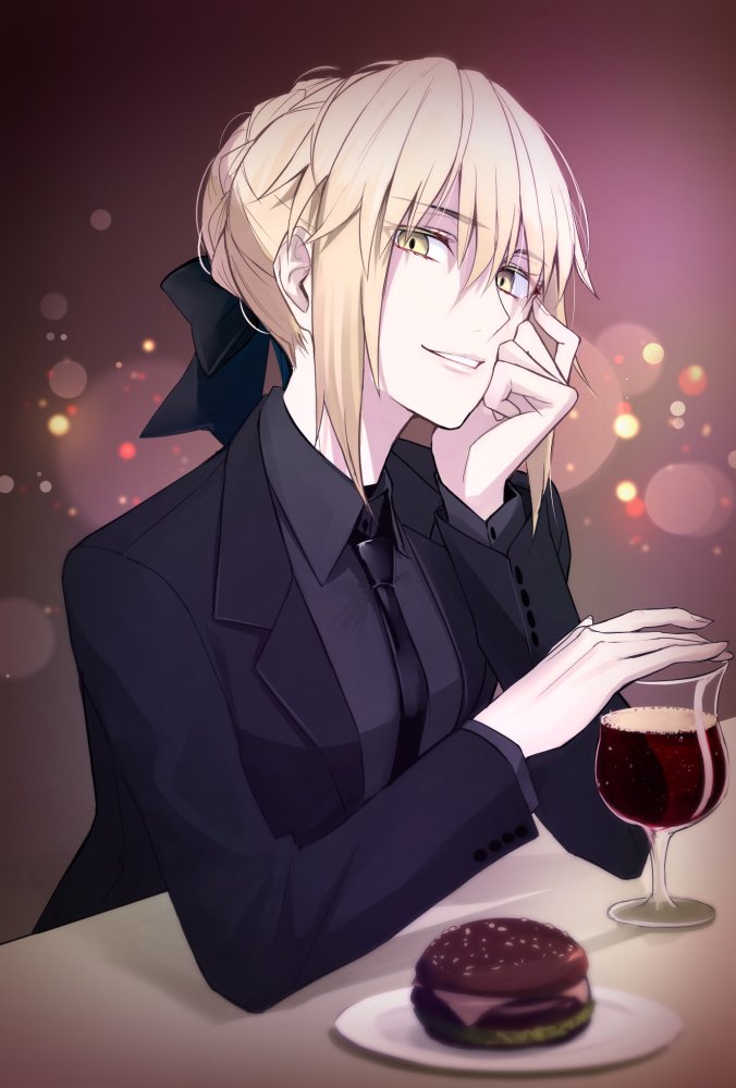 alternate_costume artoria_pendragon_(all) backlighting black_bow black_jacket black_shirt blonde_hair bow braid business_suit collared_shirt commentary_request cup drinking_glass fate/grand_order fate_(series) food formal french_braid gradient gradient_background hair_between_eyes hair_bow hamburger hand_on_own_cheek head_tilt jacket lens_flare lips long_sleeves looking_at_viewer necktie open_clothes open_jacket parted_lips plate purple_background saber_alter shijiu_(adamhutt) shirt short_hair smile suit table upper_body wing_collar yellow_eyes