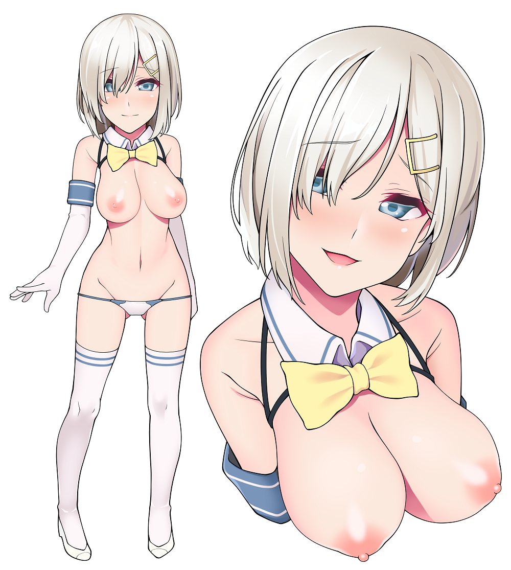 arms_at_sides ass_visible_through_thighs bad_id bad_pixiv_id black_triangle_(artist) blue_eyes blush bob_cut bow bowtie breasts breasts_outside curvy detached_collar elbow_gloves eyebrows_visible_through_hair full_body gloves hair_ornament hairclip hamakaze_(kantai_collection) head_tilt kantai_collection large_breasts looking_at_viewer lowleg lowleg_panties multiple_views nipples no_bra panties pigeon-toed plump revealing_clothes short_hair thighhighs underwear upper_body white_gloves white_hair white_legwear