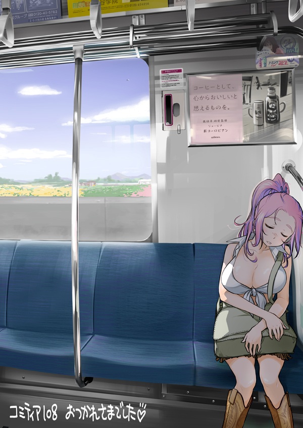 bag bag_on_lap boots breasts cleavage closed_eyes cloud cloudy_sky day field flower freckles front-tie_top large_breasts leaning_to_the_side messy_hair midriff mountain open_mouth original otakubeam pink_hair ponytail sign sitting skirt sky sleeping sleeping_upright solo train_interior window