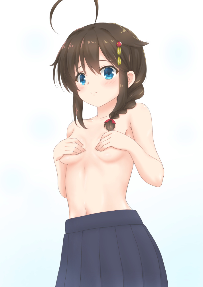 ahoge bangs blue_background blue_eyes blue_skirt blush breasts brown_hair covering covering_breasts embarrassed eyebrows_visible_through_hair from_below gradient gradient_background hair_flaps hair_ornament hair_ribbon hairpin hoshino_kagari kantai_collection long_hair looking_at_viewer looking_down navel pleated_skirt raised_eyebrows red_ribbon remodel_(kantai_collection) ribbon shigure_(kantai_collection) shiny shiny_hair sidelocks skirt small_breasts solo tareme topless underboob upper_body