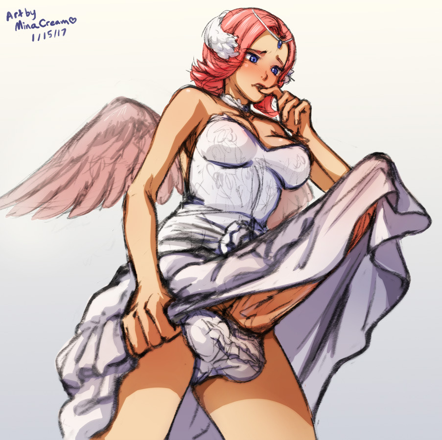 1girl angel artist_name blue_eyes blush breasts bulge cecilia cleavage dated dress erection erection_under_clothes futanari hair_ornament huge_penis lingerie mina_cream panties penis penis_under_clothes pink_hair short_hair simple_background skirt solo testicles underwear upskirt white_neckwear wings