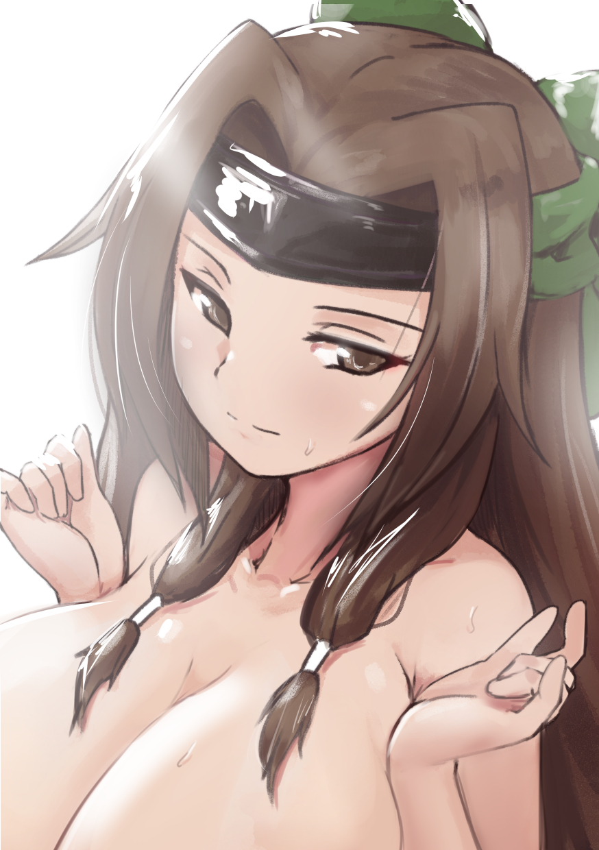 alternate_breast_size blush breast_squeeze breasts brown_eyes brown_hair cleavage closed_mouth collarbone expressionless hair_tie half-closed_eyes hands_up head_tilt headband highres jintsuu_(kantai_collection) kantai_collection large_breasts long_hair low-tied_long_hair nude out-of-frame_censoring remodel_(kantai_collection) simple_background solo tsurime upper_body white_background wo_jianqiang_fu_guo