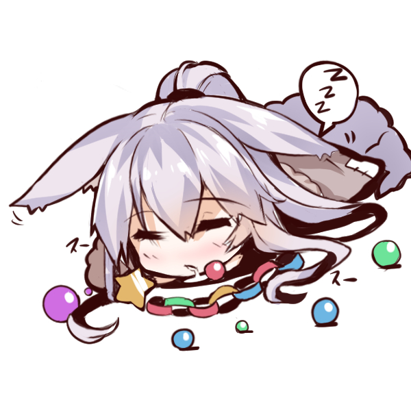 =_= animal_ears bangs blush chibi christmas_ornaments closed_eyes drooling dutch_angle eyebrows_visible_through_hair fox_ears fox_girl fox_tail hair_between_eyes high_ponytail long_hair lying on_stomach original ponytail saliva silver_hair sleeping solo star stitches tail very_long_hair white_background yuuji_(yukimimi) zzz