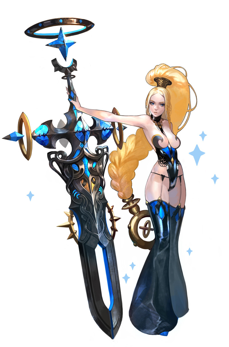 bangs bare_shoulders bellbottoms blonde_hair blue_eyes blue_nails braid breasts choker forehead full_body garter_straps hair_ornament hair_tubes high_ponytail highres huge_weapon large_breasts leotard letta long_hair mana_blade md5_mismatch nail_polish official_art parted_bangs planted_sword planted_weapon revealing_clothes single_braid solo sword thighhighs very_long_hair weapon zweihander