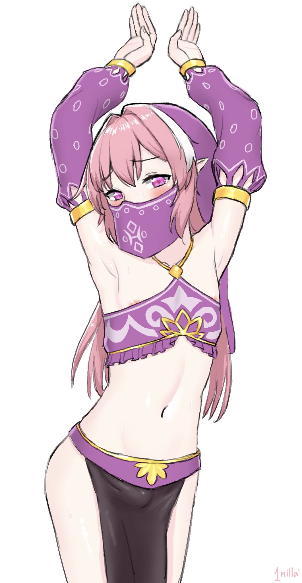 1nilla' areola_slip areolae armpits arms_up artist_name astolfo_(fate) blush commentary cosplay cowboy_shot detached_sleeves erection erection_under_clothes eyebrows_visible_through_hair fate/apocrypha fate/grand_order fate_(series) frills gerudo_link gerudo_link_(cosplay) hair_intakes halter_top halterneck head_scarf highres hips long_hair looking_at_viewer male_focus multicolored_hair navel otoko_no_ko pelvic_curtain pink_hair pointy_ears purple_eyes stomach streaked_hair sweat the_legend_of_zelda the_legend_of_zelda:_breath_of_the_wild veil white_background white_hair
