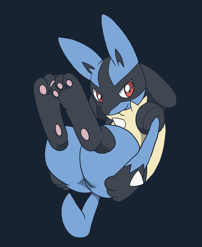 2018 3_toes ambiguous_gender black_fur blue_fur canine enon fur looking_at_viewer lucario mammal nintendo pawpads paws pok&eacute;mon pok&eacute;mon_(species) red_eyes simple_background smile solo tan_fur toes video_games