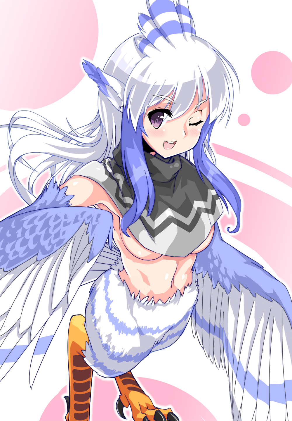 blue_feathers blue_hair blue_wings blush borrowed_character breasts commentary_request eyebrows_visible_through_hair feathered_wings feathers harpy head_feathers highres kawasumi_(tk2k_jade) long_hair medium_breasts monster_girl multicolored_hair navel one_eye_closed open_mouth original pointy_ears purple_eyes sidelocks simple_background solo talons two-tone_hair underboob white_feathers white_hair winged_arms wings
