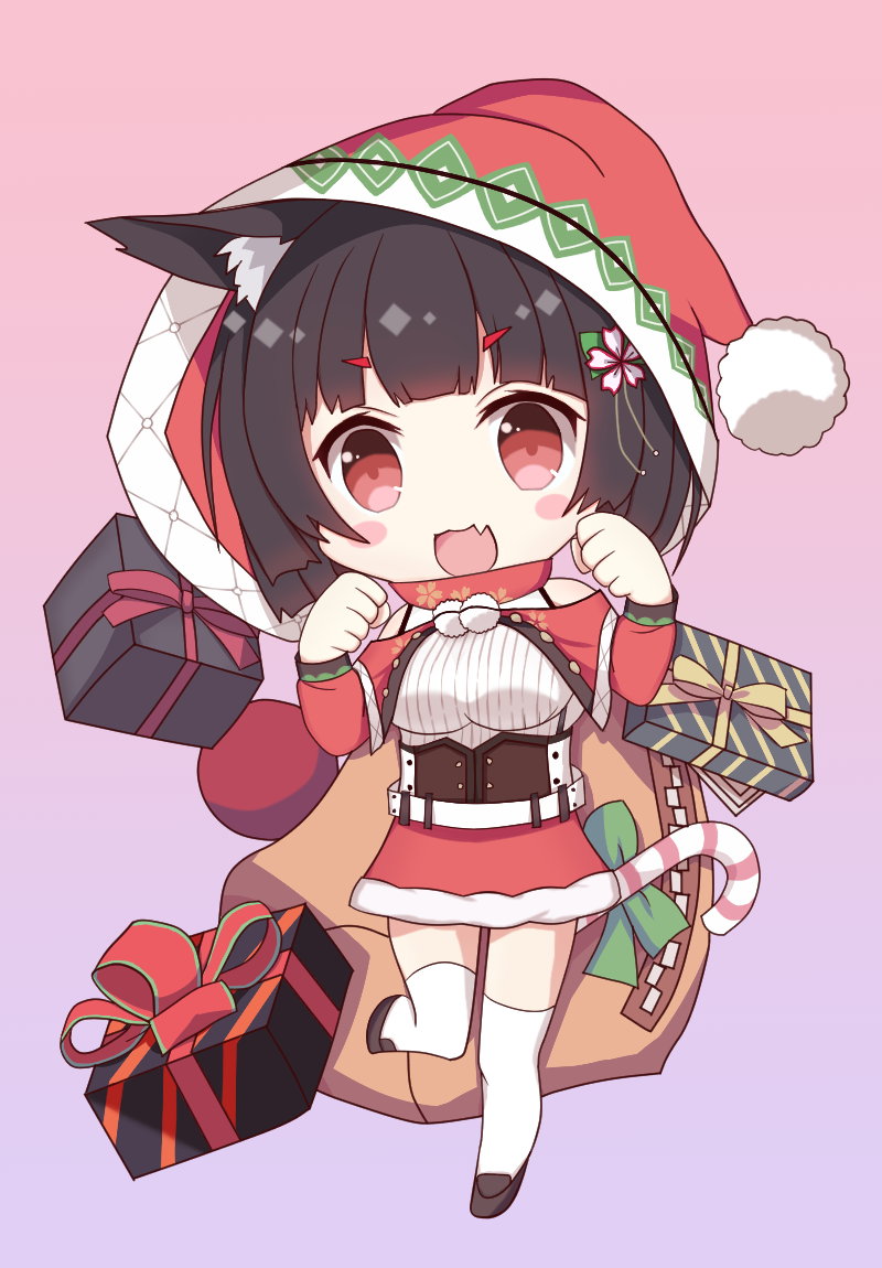 :3 :d animal_ears azur_lane bad_id bad_pixiv_id black_hair blush_stickers box candy candy_cane cat_ears commentary_request food full_body gift gift_box hair_ornament kyuujou_komachi looking_at_viewer open_mouth paw_pose red_eyes sack short_hair simple_background smile solo standing standing_on_one_leg thighhighs yamashiro_(azur_lane) zettai_ryouiki