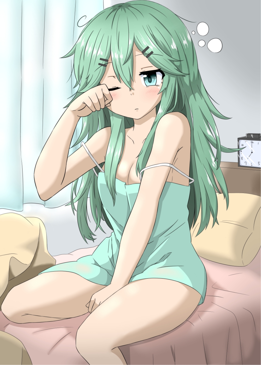 alarm_clock bed blanket blush breasts clock closed_mouth commentary_request curtains green_eyes green_hair hair_between_eyes highres kantai_collection long_hair looking_at_viewer medium_breasts nightgown no_bra one_eye_closed pillow rubbing_eyes sakuramai_(sakuramai_0525) shirt sitting solo underwear waking_up yamakaze_(kantai_collection)