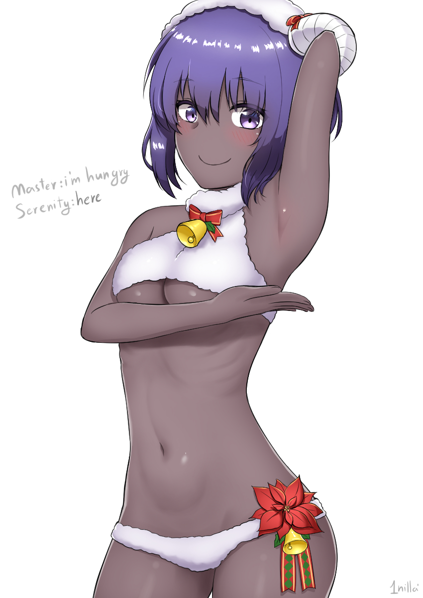 1nilla' arm_behind_head armpits bangs bare_shoulders bell blush breasts commentary dark_skin english eyebrows_visible_through_hair fate/grand_order fate_(series) hassan_of_serenity_(fate) headdress highres horns looking_at_viewer medium_breasts merry_sheep navel panties presenting purple_eyes purple_hair ribs sheep_horns short_hair simple_background smile stomach underboob underwear white_background white_panties wool