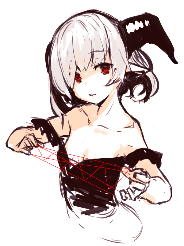 bangs bare_shoulders black_dress cat's_cradle collarbone dress eyebrows_visible_through_hair holding horns looking_at_viewer off-shoulder_dress off_shoulder original parted_lips pointy_ears red_eyes simple_background sketch solo white_background white_hair yuuji_(yukimimi)