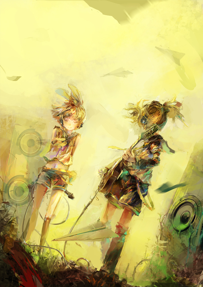 1girl arms_behind_back bare_shoulders belt blonde_hair brother_and_sister closed_eyes detached_sleeves guitar hair_ornament hair_ribbon hairclip headphones instrument kagamine_len kagamine_rin leg_warmers microphone navel paper_airplane ponytail relax_(artist) ribbon sailor_collar short_hair shorts siblings smile twins vocaloid