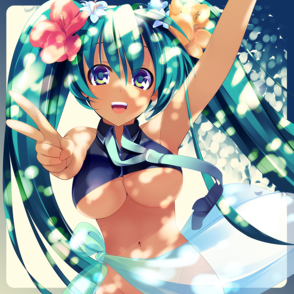 aqua_sarong armpits border breasts cleavage dragonmaterial flower foreshortening green_eyes green_hair groin hair_flower hair_ornament hands happy hatsune_miku hibiscus large_breasts long_hair navel necktie no_panties sarong see-through shade solo translucent_sarong twintails underboob v vocaloid