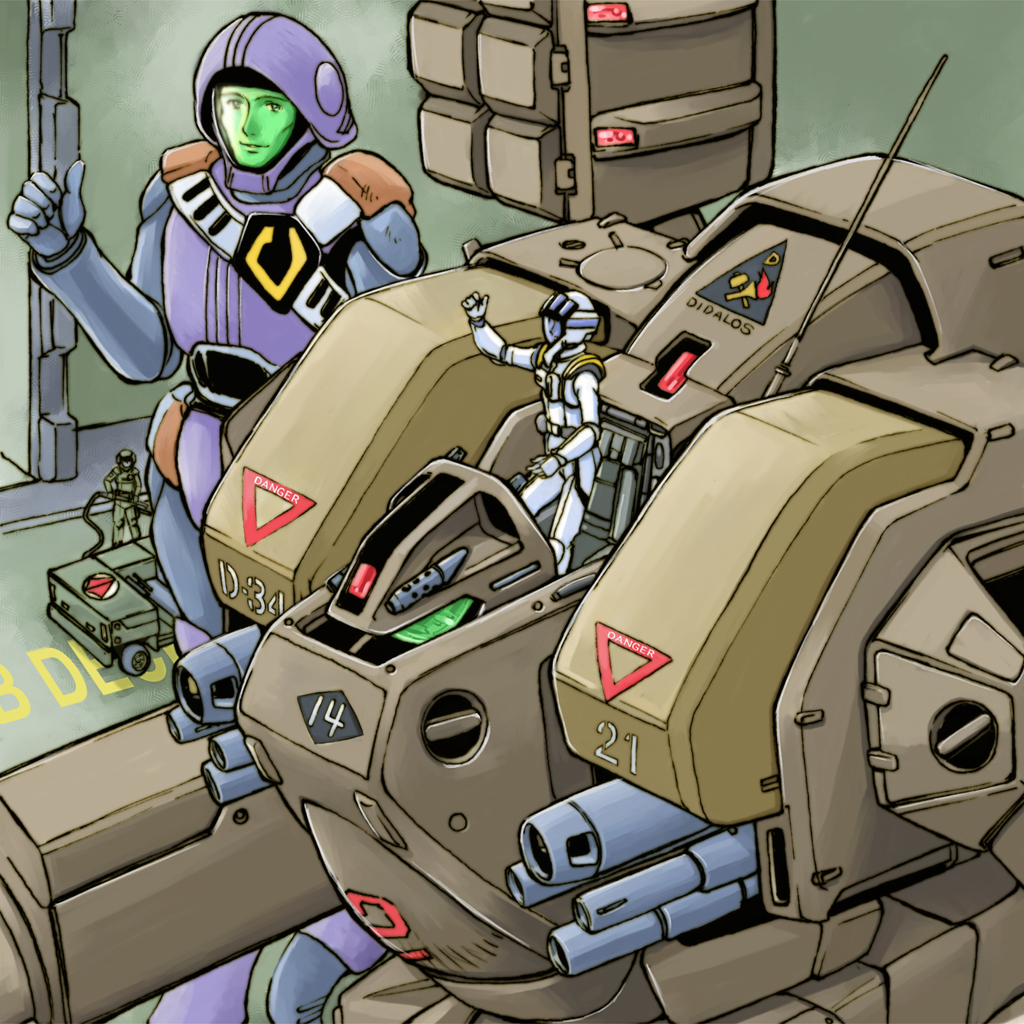 80s alien antennae armor cannon choujikuu_yousai_macross cockpit destroid giant gun hangar helmet logo machine_gun macross mecha missile mizuyoukan_(norad) multiple_boys oldschool open_cockpit pilot pilot_suit science_fiction soldier spacesuit thumbs_up tomahawk_(destroid) u.n._spacy weapon zentradi