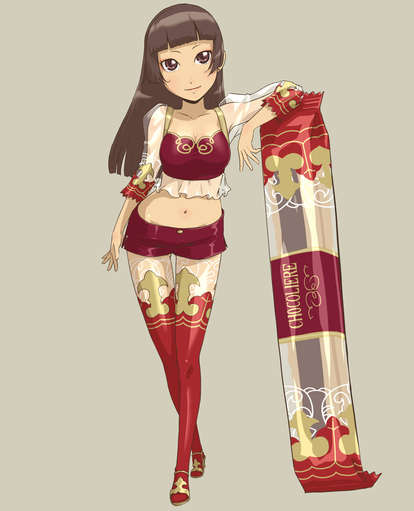 bad_proportions bangs belly breasts brown_eyes brown_hair candy cleavage face food frills full_body high_heels hips legs long_hair medium_breasts midriff navel original personification product_girl red_legwear see-through shoes short_shorts shorts simple_background smile solo standing thighhighs toshi_punk