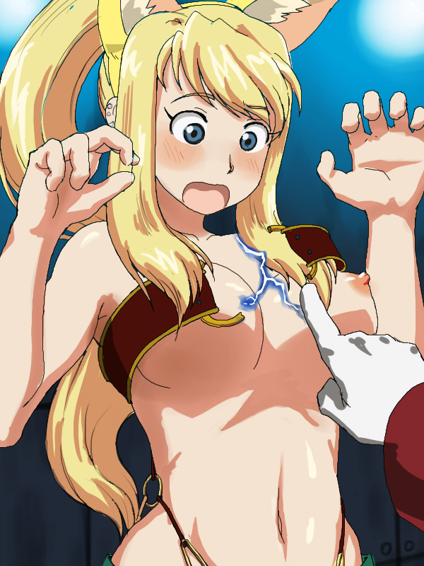 1girl alchemy animal_ears assisted_exposure bad_id bad_pixiv_id beltbra blonde_hair blue_eyes blush breasts breasts_apart cosplay crossover edward_elric extra_ears fullmetal_alchemist hetero large_breasts liru liru_(cosplay) long_hair navel nipples o-ring o-ring_bottom o-ring_top oekaki ome_(mercury_cigarette) ponytail renkin_san-kyuu_magical_pokaan solo_focus tail wardrobe_malfunction winry_rockbell wolf_ears wolf_girl wolf_tail