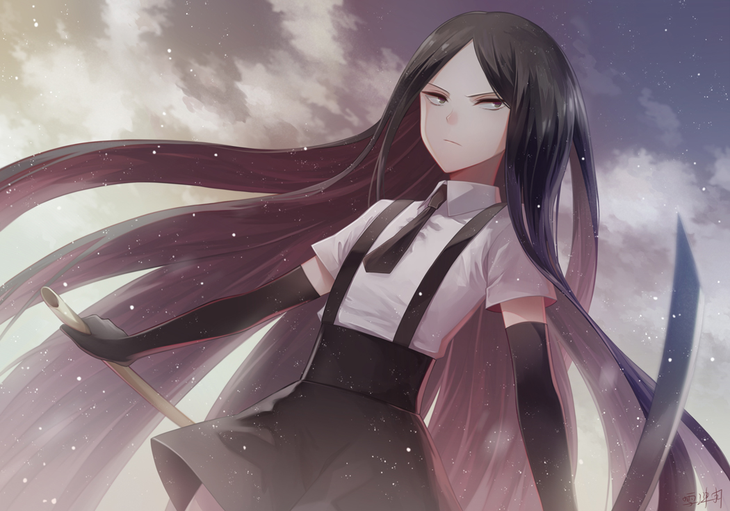 androgynous angel31424 bangs black_eyes black_gloves black_hair black_neckwear black_skirt bort closed_mouth cloud cloudy_sky collared_shirt dutch_angle elbow_gloves expressionless from_below gem_uniform_(houseki_no_kuni) gloves holding holding_sword holding_weapon houseki_no_kuni light_particles long_hair looking_at_viewer necktie outdoors parted_bangs purple_hair shiny shiny_hair shirt short_sleeves skirt sky solo suspender_skirt suspenders sword tsurime unsheathed very_long_hair weapon white_shirt wing_collar