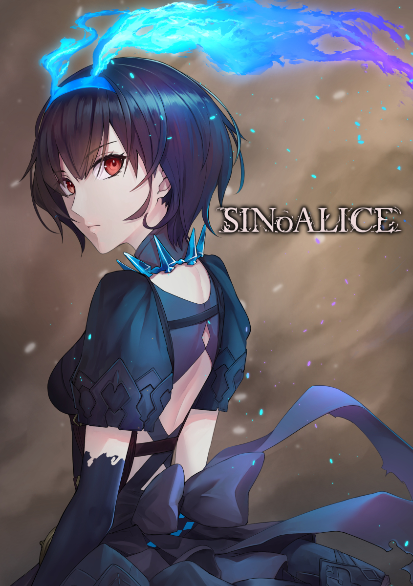 1girl alice_(sinoalice) arms_at_sides back bangs black_bow black_dress black_gloves black_hair blue_fire blue_hair bow breasts brown_background copyright_name corset dress elbow_gloves expressionless eyebrows_visible_through_hair fire from_side gloves gradient_hair highres looking_at_viewer looking_to_the_side multicolored_hair red_eyes shijiu_(adamhutt) short_sleeves single_glove sinoalice small_breasts solo spikes upper_body