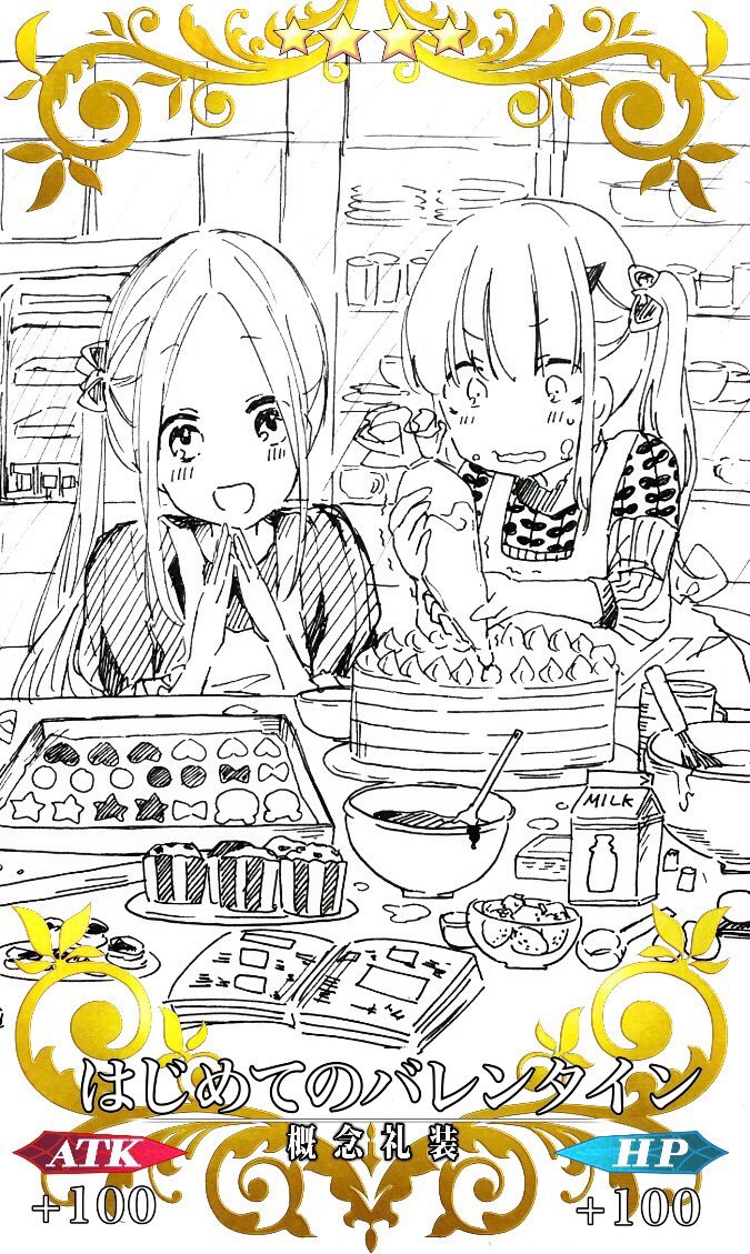 :d abigail_williams_(fate/grand_order) alternate_hairstyle apron bangs blush book bowl cake card_(medium) cupcake dress eyebrows_visible_through_hair fate/grand_order fate_(series) food forehead greyscale hands_together holding horn lavinia_whateley_(fate/grand_order) long_hair long_sleeves milk_carton monochrome multiple_girls open_book open_mouth parted_bangs pastry_bag side_ponytail smile sofra spoon wavy_mouth