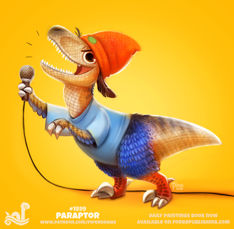 2018 alternate_species ambiguous_gender anthro black_scales blue_feathers bottomless brown_eyes brown_feathers claws clothed clothing cryptid-creations deinonychus dinosaur feathers hat humor microphone open_mouth orange_background parappa parappa_the_rapper pun scales simple_background singing tan_scales teeth theropod video_games