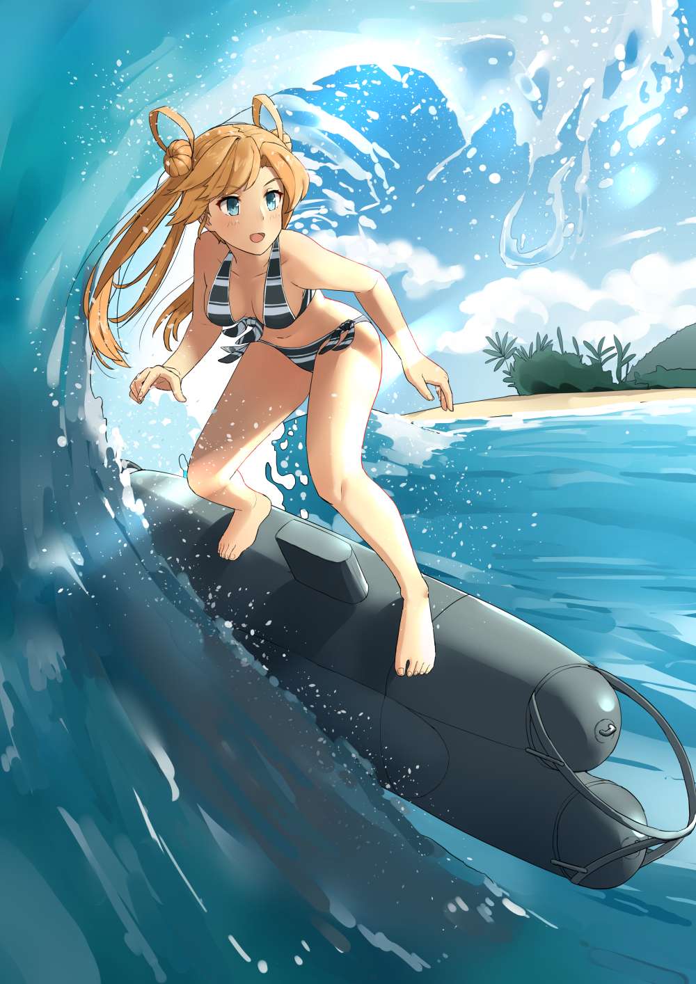 :d abukuma_(kantai_collection) barefoot beach bikini blonde_hair breasts collarbone day hair_rings highres jpeg_artifacts kantai_collection long_hair medium_breasts multicolored multicolored_bikini multicolored_clothes ocean open_mouth revision smile solo soushou_nin striped striped_bikini surfing swimsuit type_a_kou-hyouteki