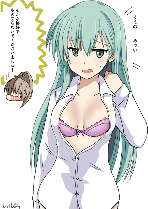 aqua_hair artist_name blush bra breasts brown_hair chibi cleavage collarbone green_eyes hair_ornament hinase_(jet_hearts) kantai_collection kumano_(kantai_collection) looking_at_viewer medium_breasts multiple_girls no_pants open_clothes open_mouth open_shirt ponytail purple_bra remodel_(kantai_collection) shirt simple_background sketch speech_bubble straight_hair suzuya_(kantai_collection) translated underwear upper_body white_background white_shirt