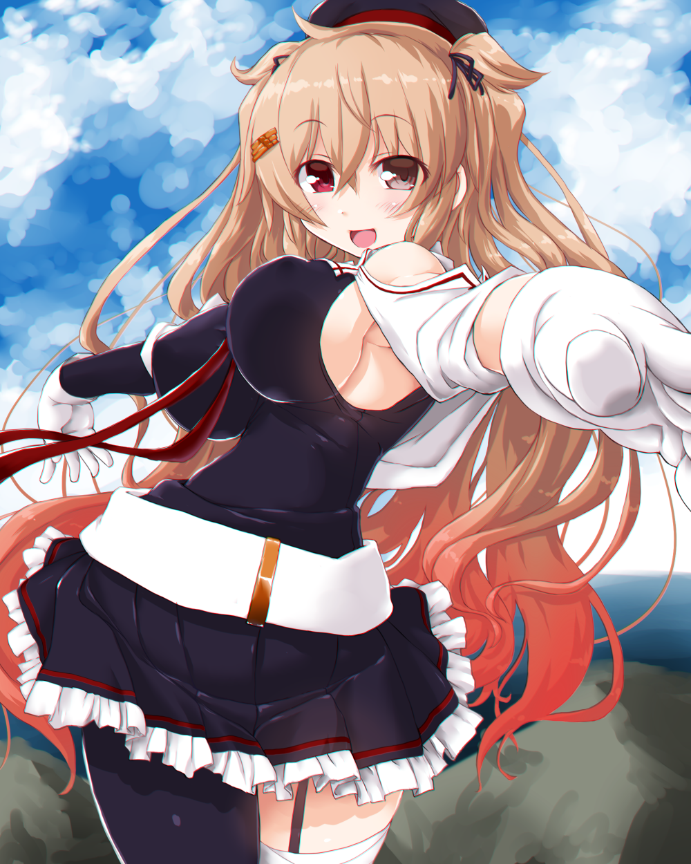 asymmetrical_clothes black_ribbon black_serafuku black_skirt breasts brown_eyes commentary_request dd_(ijigendd) gloves gradient_hair heterochromia highres kantai_collection light_brown_hair long_hair looking_at_viewer multicolored_hair murasame_(kantai_collection) neckerchief pantyhose pleated_skirt red_eyes red_neckwear remodel_(kantai_collection) ribbon school_uniform serafuku sideboob skirt smile two_side_up white_gloves