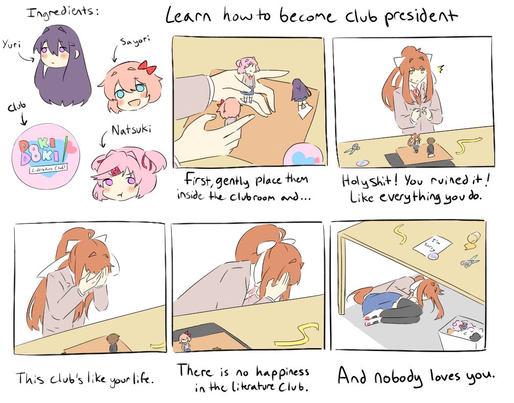 1boy 4girls :t black_legwear blue_eyes brown_hair comic commentary covering_face despair doki_doki_literature_club english fetal_position hair_intakes hair_ribbon how_to_make_sushi kazeki_(kechuppika) long_hair lying meme monika_(doki_doki_literature_club) multiple_girls natsuki_(doki_doki_literature_club) on_side pink_eyes pink_hair ponytail pout profanity protagonist_(doki_doki_literature_club) purple_eyes purple_hair ribbon sayori_(doki_doki_literature_club) school_uniform scissors shoes skirt smile spoilers sweatdrop table thighhighs trash_can uwabaki yuri_(doki_doki_literature_club)