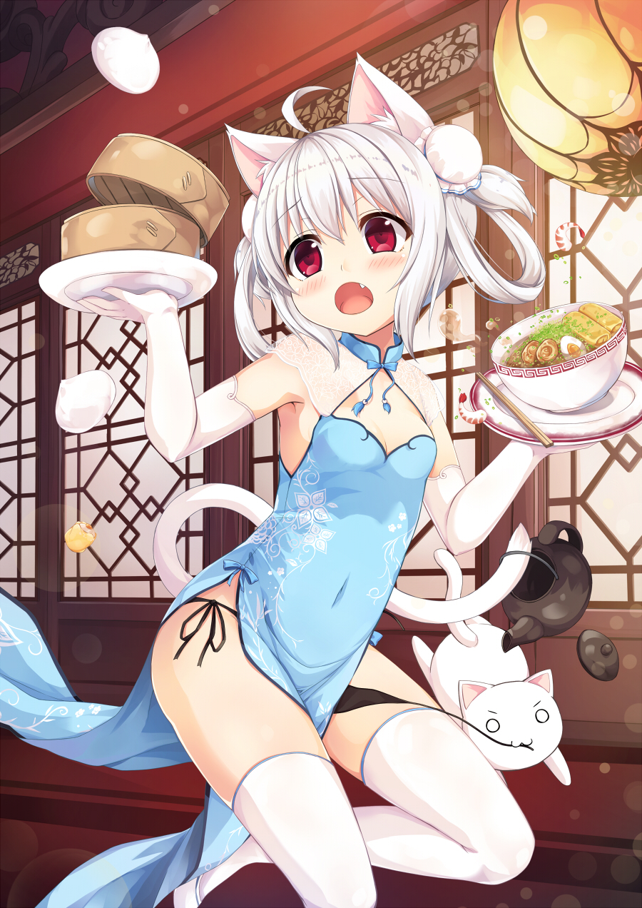 :3 :o ahoge animal animal_ears assisted_exposure bamboo_steamer bangs baozi between_legs black_panties blue_dress blush bowl breasts bun_cover cat cat_ears cat_tail china_dress chinese_clothes chopsticks cleavage covered_navel detached_collar double_bun dress dropping dual_wielding elbow_gloves eyebrows_visible_through_hair fang food gloves hair_rings hardboiled_egg highres holding holding_tray indoors lantern leg_up looking_at_viewer mouth_hold noodles open_mouth original panties pelvic_curtain plate ramen red_eyes sakuraba_hikaru_(loveindog) shoes short_hair shrimp shumai_(food) side-tie_panties side_bun sleeveless sleeveless_dress small_breasts solo standing standing_on_one_leg sugimura_runa tail tail_hold teapot thighhighs tray underwear untied untied_panties waitress water_drop white_gloves white_hair white_legwear