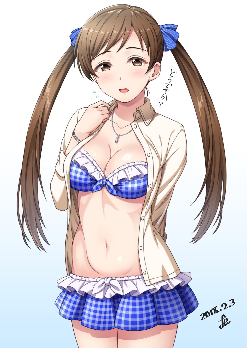alternate_hairstyle bangs bikini bikini_under_clothes blue_bikini blush breasts brown_eyes brown_hair cleavage collarbone commentary_request dated dress_shirt flying_sweatdrops gradient gradient_background highres idolmaster idolmaster_cinderella_girls jewelry long_hair looking_at_viewer medium_breasts navel necklace nitta_minami open_clothes open_mouth open_shirt plaid plaid_bikini shirt skirt solo stomach swept_bangs swimsuit twintails yoohi