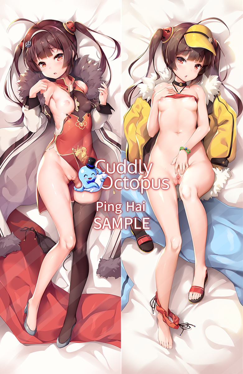 ahoge anchor azur_lane bandeau bangs bare_shoulders barefoot bed_sheet bikini_around_one_leg black_footwear black_legwear black_panties bow bracelet breasts brown_eyes brown_hair character_name chestnut_mouth china_dress chinese_clothes collarbone commentary_request dakimakura dress eyebrows_visible_through_hair fur-trimmed_hood grey_footwear hairband hairpods halter_top halterneck hand_on_own_chest hand_up hands_up high_heels highres hood hood_down hooded_jacket jacket jacket_removed jewelry long_hair looking_at_viewer lying medium_breasts multiple_views navel nipples no_bra on_back panties panties_removed parted_lips ping_hai_(azur_lane) pussy pussy_juice red_bow red_dress sample sandals sandals_removed shuffle_(songdatiankong) side-tie_panties sidelocks single_sandal single_thighhigh sleeveless sleeveless_dress spread_pussy thighhighs twintails underwear visor_cap white_hairband white_jacket yellow_jacket