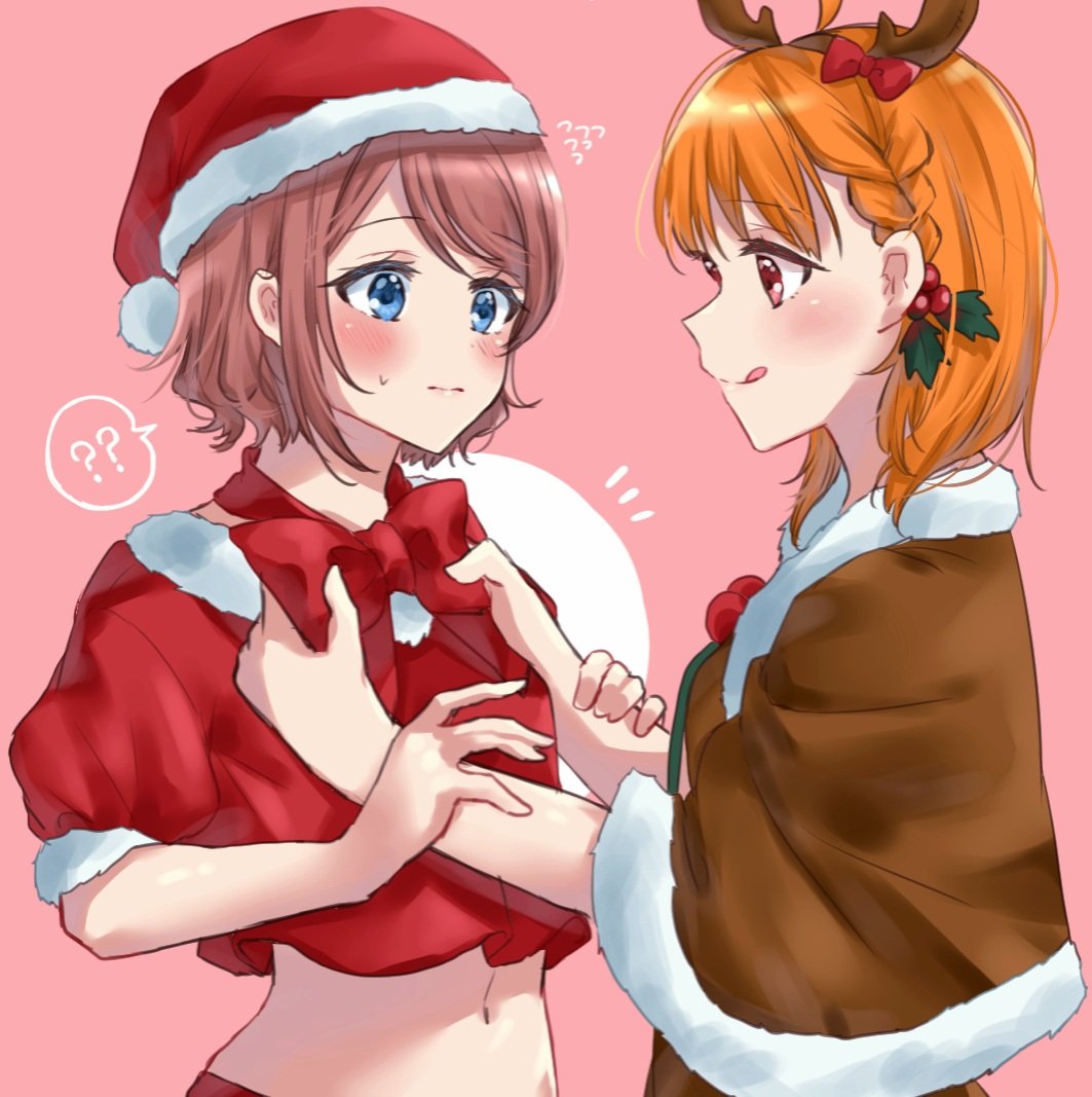 2girls :q ? adjusting_neckwear ahoge animal_costume antlers bangs blue_eyes blush bow bowtie braid brown_capelet brown_hair capelet christmas commentary_request crop_top flying_sweatdrops fur-trimmed_capelet fur-trimmed_shirt fur_trim hair_bow hair_ornament hat holding_another's_arm holly_hair_ornament love_live! love_live!_sunshine!! midriff minori_748 multiple_girls navel notice_lines orange_hair pink_background red_bow red_eyes red_neckwear red_shirt reindeer_antlers reindeer_costume santa_costume santa_hat shirt short_hair short_sleeves side_braid simple_background spoken_question_mark sweatdrop takami_chika tongue tongue_out upper_body watanabe_you
