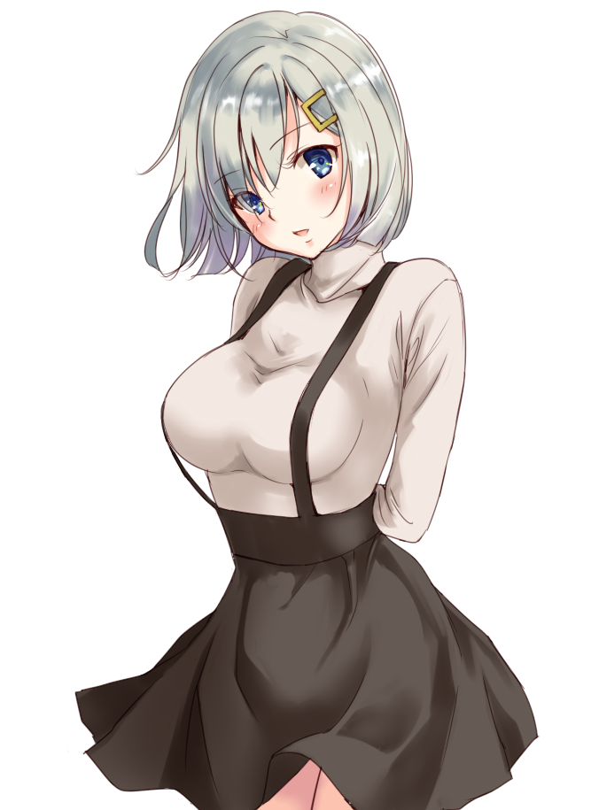 :d alternate_costume arms_behind_back black_skirt blue_eyes blush breasts cowboy_shot eyebrows_visible_through_hair grey_sweater hair_ornament hairclip hamakaze_(kantai_collection) head_tilt impossible_clothes kantai_collection looking_at_viewer medium_breasts open_mouth shiny shiny_hair short_hair silver_hair simple_background skirt smile solo standing suspender_skirt suspenders sweater tareme turtleneck turtleneck_sweater u0709 white_background
