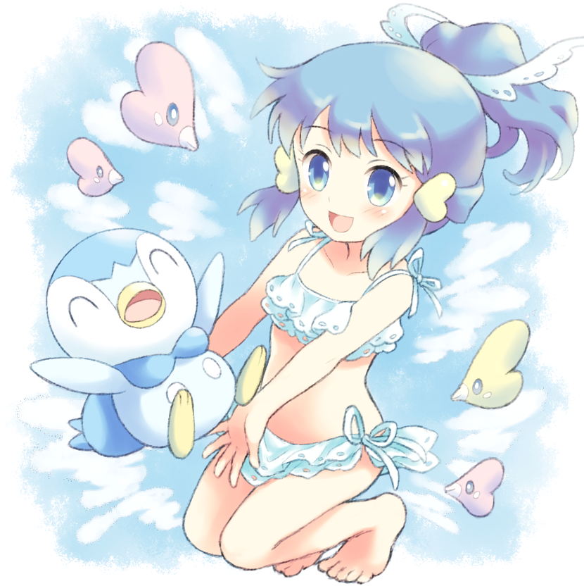 1girl alternate_color arms_up beak bikini bikini_skirt blue_background blue_bikini blue_eyes blue_hair blush child collarbone eyebrows_visible_through_hair eyes_closed feet female fish flat_chest full_body hair_ornament hairclip happy hikari_(pokemon) looking_at_viewer luvdisc matching_hair/eyes open_mouth outstretched_arms piplup pokemon pokemon_(creature_ pokemon_dppt pokemon_rse ponytail porocha shiny_pokemon side-tie_bikini simple_background smile swimsuit tied_hair toes