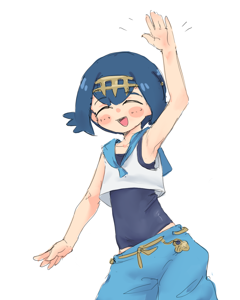 1girl arm_up armpits blue_hair blue_pants blue_sailor_collar blue_swimsuit blush capri_pants child collarbone crop_top edisonabismo eyebrows_visible_through_hair eyes_closed female hair_ornament hairband happy one-piece_swimsuit open_mouth pants pokemon pokemon_(game) pokemon_sm sailor_collar shirt short_hair simple_background sleeveless sleeveless_shirt smile solo suiren_(pokemon) swimsuit swimsuit_under_clothes waving white_background white_shirt