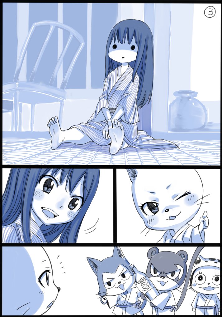 2girls ;d barefoot bath_yukata black_border blue blush_stickers border carrying cat chair charle_(fairy_tail) comic fairy_tail frosch index_finger_raised japanese_clothes kimono lector_(fairy_tail) long_hair mashima_hiro monochrome multiple_boys multiple_girls one_eye_closed open_mouth pantherlily shaded_face silent_comic smile solid_circle_eyes tatami wendy_marvell yukata