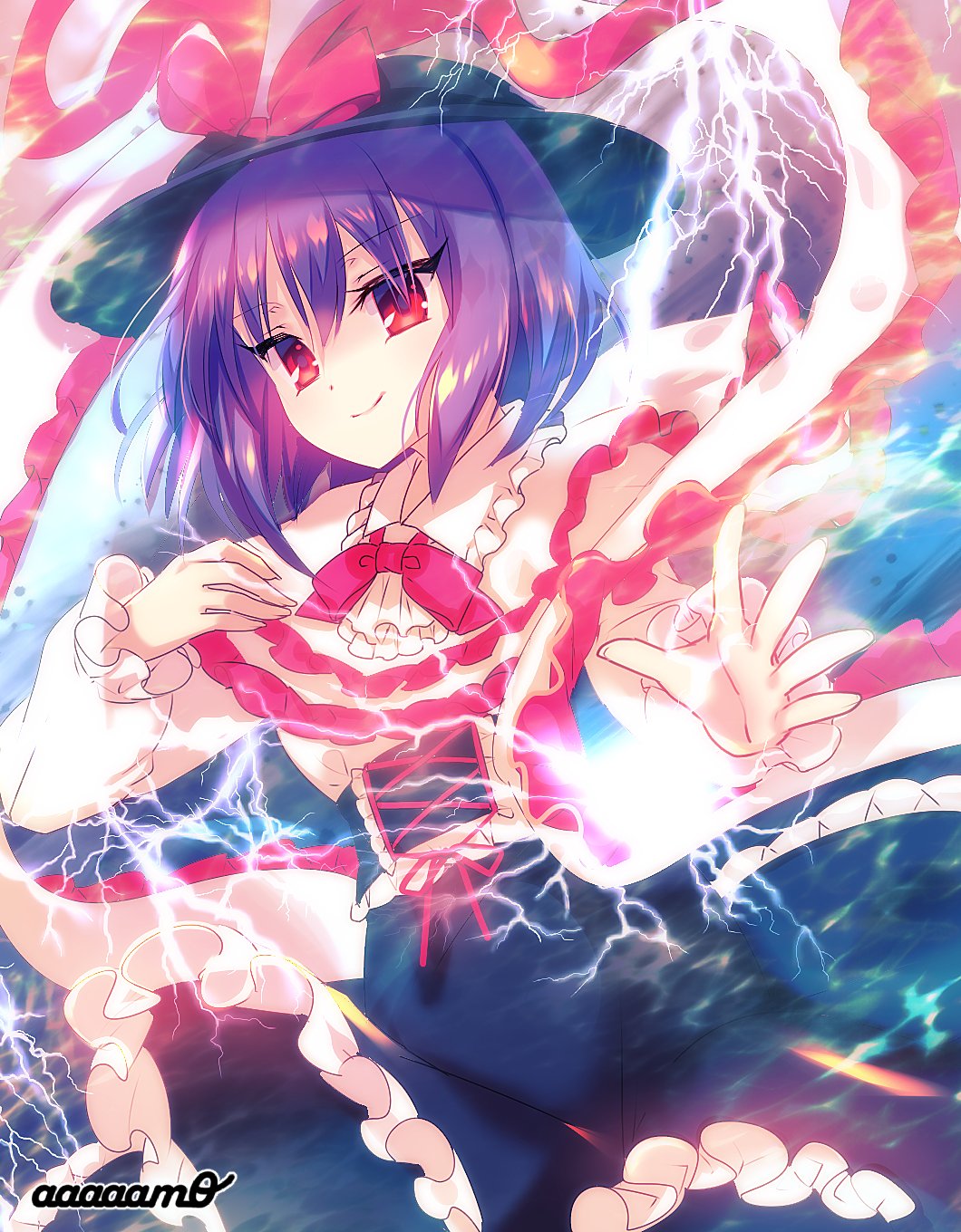 amo artist_name black_hat black_skirt bow bowtie capelet commentary_request corset cross-laced_clothes electricity frilled_skirt frills hat hat_bow highres long_sleeves looking_at_viewer nagae_iku purple_hair red_bow red_eyes shawl shirt short_hair skirt smile solo string touhou white_shirt