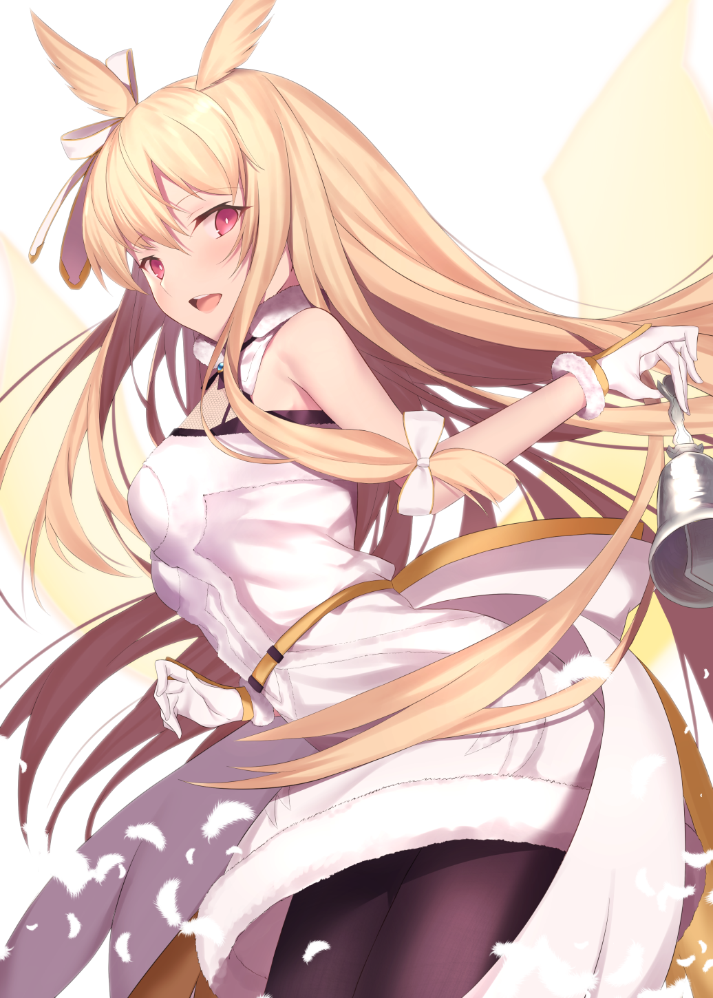 1girl :d bell black_legwear blonde_hair blush commentary_request dress fate/grand_order fate_(series) feathers fur-trimmed_dress gloves hair_ribbon head_wings highres holding_bell long_hair looking_at_viewer maosame open_mouth red_eyes ribbon ring_the_bell sleeveless sleeveless_dress smile solo thighhighs thrud_(fate/grand_order) valkyrie_(fate/grand_order) very_long_hair white_dress white_feathers white_gloves white_ribbon