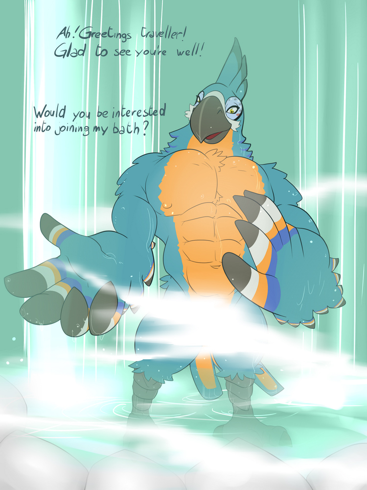 2017 abs anthro avian bathing beak biceps big_hands big_muscles big_pecs biped bird blue_feathers blue_theme breath_of_the_wild bright_colors convenient_censorship cool_colors countershade_torso countershading creek crest danandnite detailed detailed_background dialogue digital_drawing_(artwork) digital_media_(artwork) english_text eye_markings feather_tuft feathers flat_colors front_view full-length_portrait green_eyes huge_muscles inviting kass_(zelda) looking_at_viewer male manly markings multicolored_feathers muscular muscular_male navel nintendo nipples nude outstretched_arm partially_submerged pecs perspective portrait question rito solo standing talking_to_viewer text the_legend_of_zelda triceps tuft video_games water waterfall wet yellow_countershading yellow_feathers