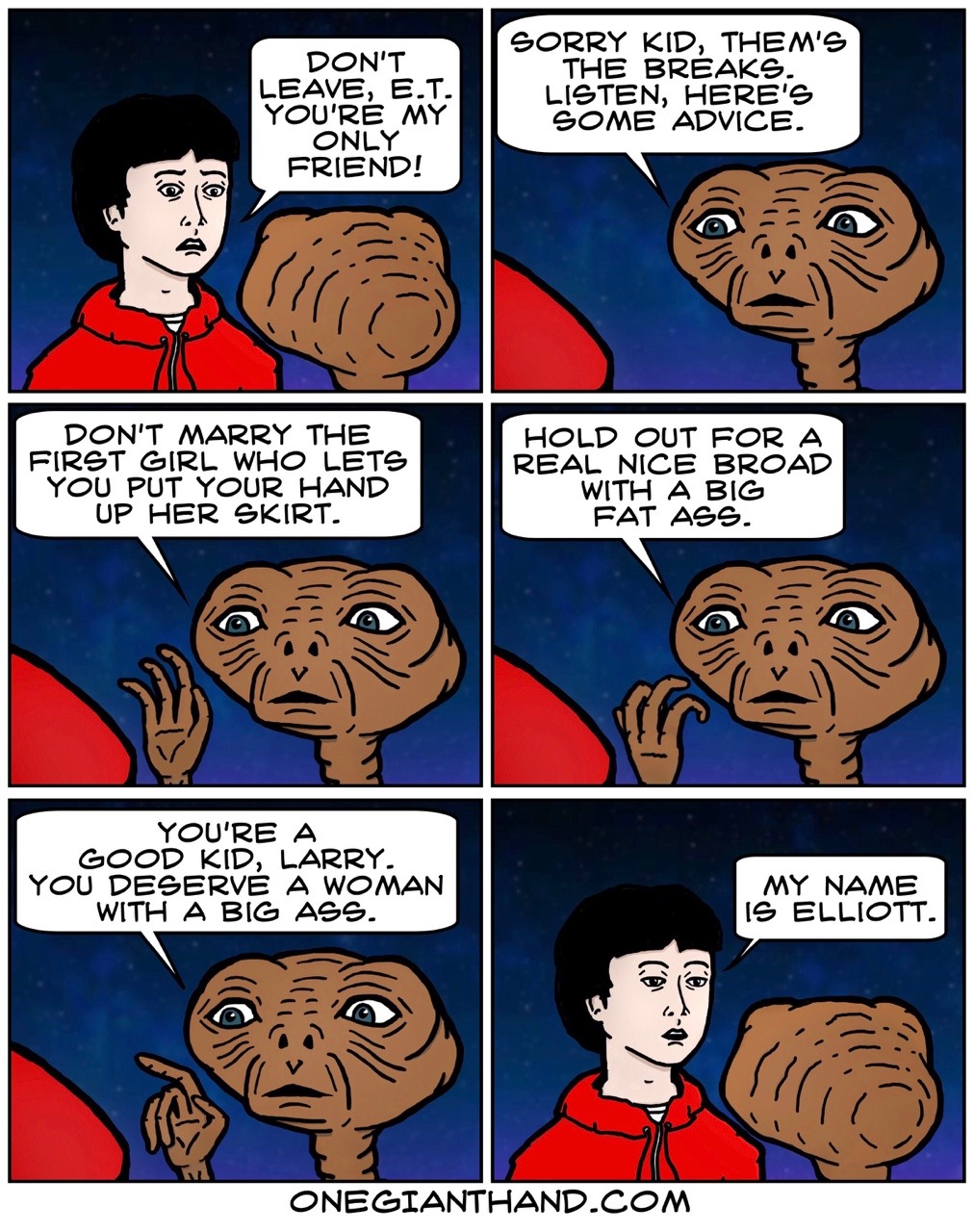 alien comic e.t. e.t._the_extra-terrestrial english_text human humor mammal onegianthand parody speech_bubble text