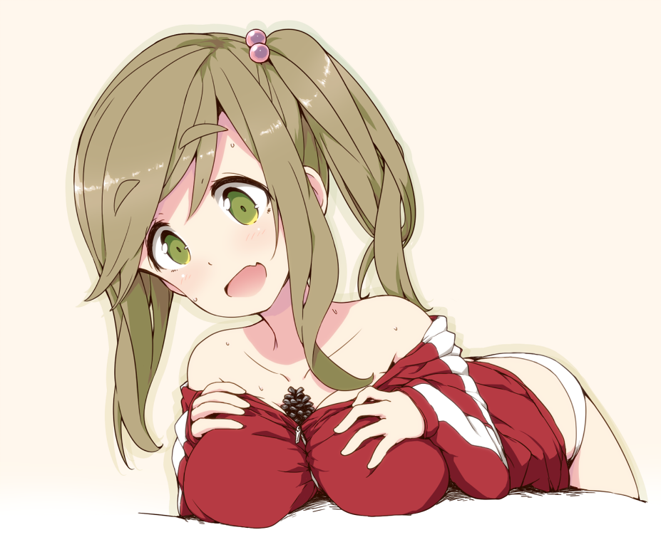 asterisk_(artist) bare_shoulders between_breasts blush breasts brown_hair butt_crack collarbone commentary eyebrows_visible_through_hair fang green_eyes hair_bobbles hair_ornament inuyama_aoi jacket large_breasts long_hair no_pants off_shoulder open_mouth panties pinecone side_ponytail simple_background smile solo sweat thick_eyebrows track_jacket underwear white_panties yurucamp