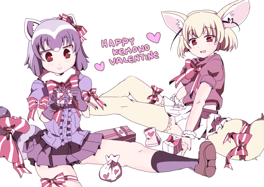 adapted_costume animal_ears blonde_hair bow bowtie box brown_eyes commentary_request common_raccoon_(kemono_friends) ear_ribbon eyebrows_visible_through_hair fennec_(kemono_friends) fox_ears fox_tail fur_collar gift gift_box gloves heart heart-shaped_pupils holding holding_gift kemono_friends miniskirt multiple_girls ootsuka_miyuko pleated_skirt pouch raccoon_ears raccoon_tail short_hair short_sleeves sitting skirt striped striped_neckwear symbol-shaped_pupils tail tail_bow thigh_bow thigh_strap thighhighs valentine white_background white_skirt wrist_cuffs