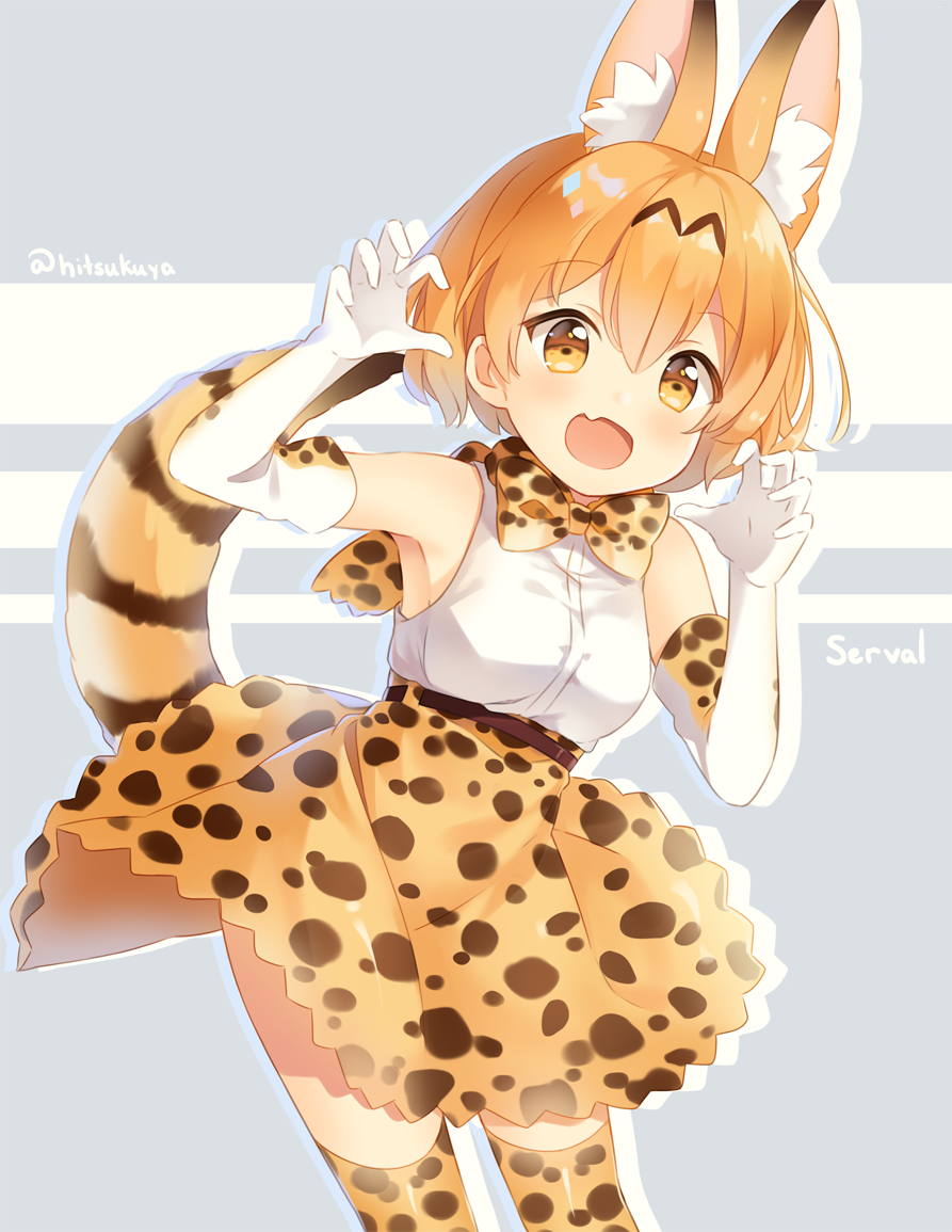 :d animal_ears armpits bangs bare_shoulders blush breasts character_name claw_pose commentary elbow_gloves english_commentary extra_ears eyebrows_visible_through_hair gloves hands_up high-waist_skirt hitsukuya kemono_friends leaning_to_the_side looking_at_viewer medium_breasts open_mouth orange_eyes orange_hair orange_legwear orange_skirt serval_(kemono_friends) serval_ears serval_print serval_tail shirt short_hair skirt sleeveless sleeveless_shirt smile solo tail thighhighs twitter_username white_gloves white_shirt
