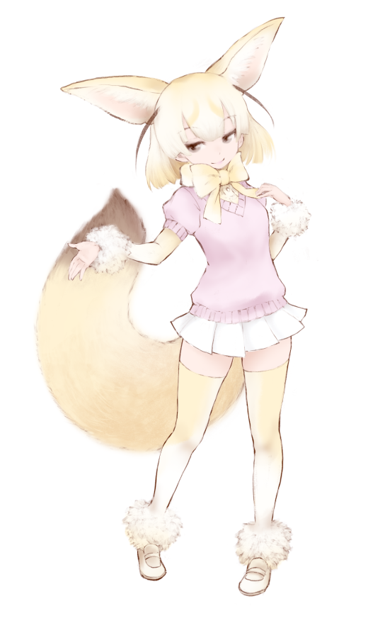 animal_ears bangs blonde_hair bow bowtie breasts brown_eyes buttons closed_mouth eyebrows eyebrows_visible_through_hair fennec_(kemono_friends) fox_ears fox_tail full_body ise_(0425) kemono_friends legs_apart loafers looking_away looking_to_the_side miniskirt multicolored multicolored_clothes multicolored_hair multicolored_legwear pigeon-toed pink_sweater pleated_skirt shirt shoes short_hair short_sleeve_sweater simple_background skirt small_breasts smile solo standing sweater tail thighhighs two-tone_hair two-tone_legwear undershirt white_background white_footwear white_hair white_shirt white_skirt yellow_bow yellow_neckwear zettai_ryouiki