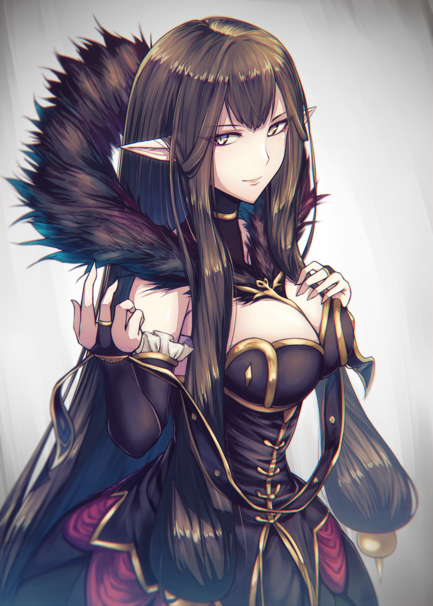 bangs between_breasts black_dress blush breasts bridal_gauntlets brown_hair cleavage commentary_request dress fal fate/grand_order fate_(series) fur-trimmed_dress fur_trim grey_background hand_up head_tilt highres long_hair medium_breasts open_mouth pointy_ears semiramis_(fate) simple_background solo straight_hair tsurime very_long_hair yellow_eyes