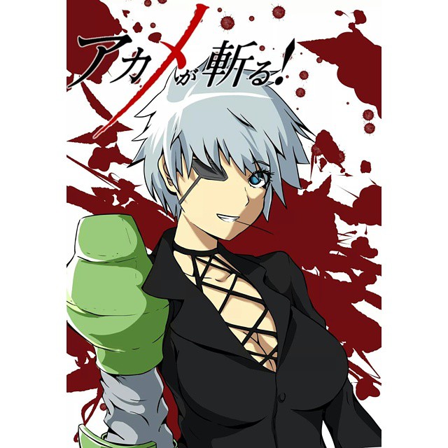 1girl akame_ga_kill! blood breasts cigarette cleavage eyepatch female formal large_breasts looking_at_viewer mechanical_arm najenda purple_eyes short_hair silver_hair smile smoking solo standing suit