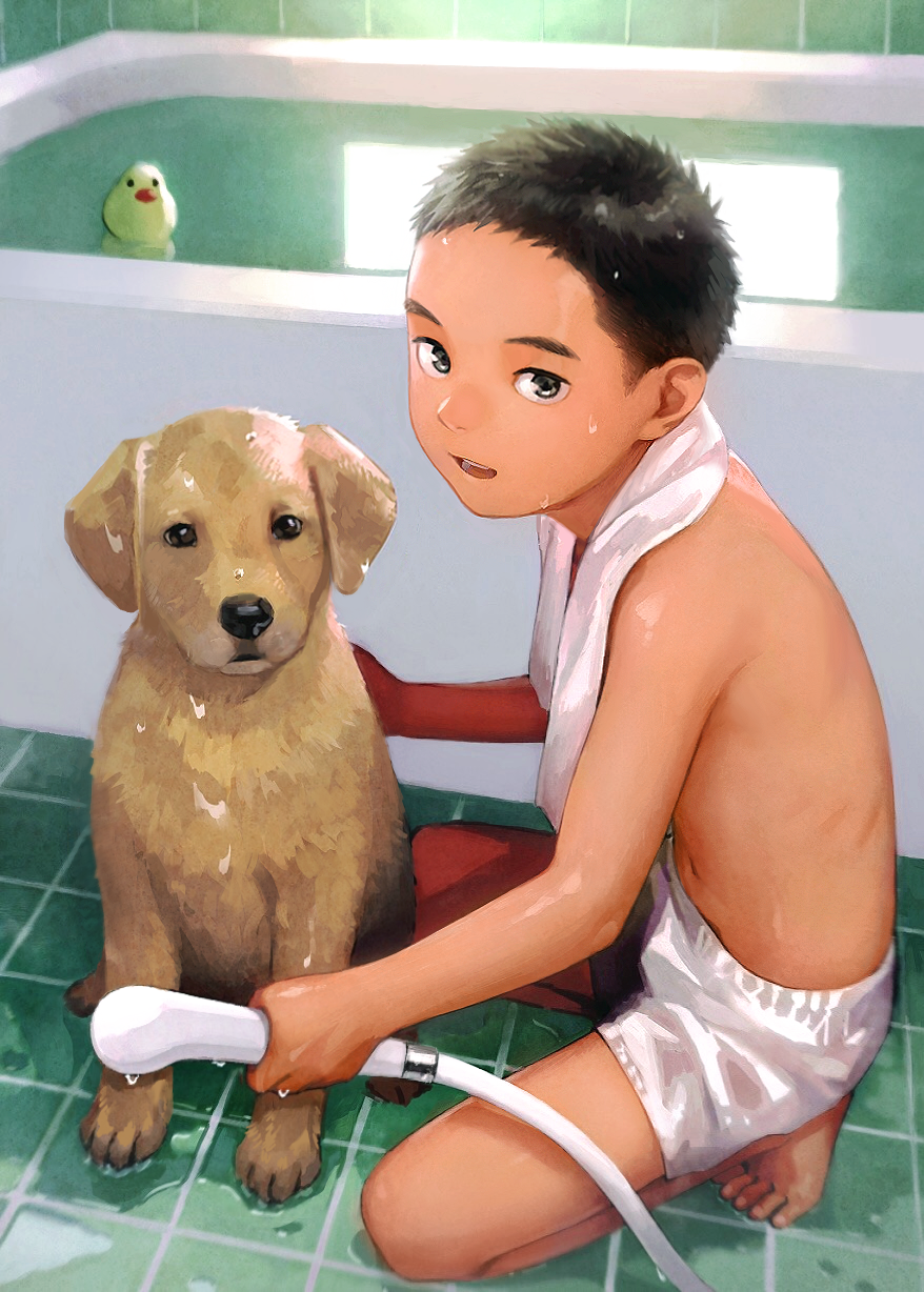 animal b_gent bare_legs barefoot bathroom bathtub black_eyes black_hair boxers dog forehead from_side full_body highres holding looking_at_viewer looking_to_the_side male_focus male_underwear navel open_mouth original pet puddle reflection rubber_duck shirtless shower_head solo squatting towel towel_around_neck underwear underwear_only water water_drop wet