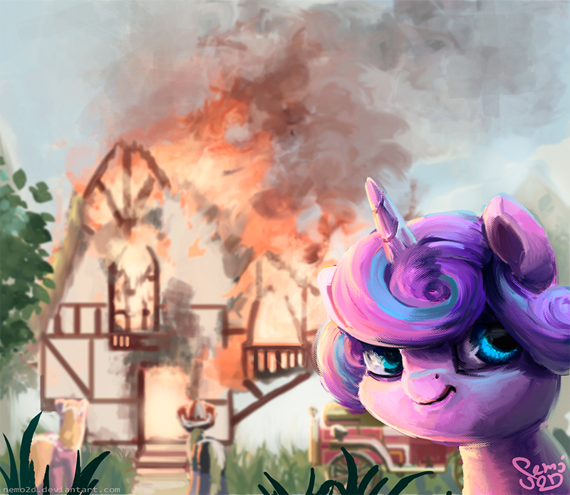2018 baby blonde_hair blue_eyes blurred_background building cute digital_media_(artwork) digital_painting_(artwork) equine female feral fire fire_truck flurry_heart_(mlp) friendship_is_magic grass hair hat headshot_portrait horn horse house leaves looking_at_viewer mammal meme multicolored_hair my_little_pony nemo2d outside pony portrait signature smile smoke solo_focus tree two_tone_hair young