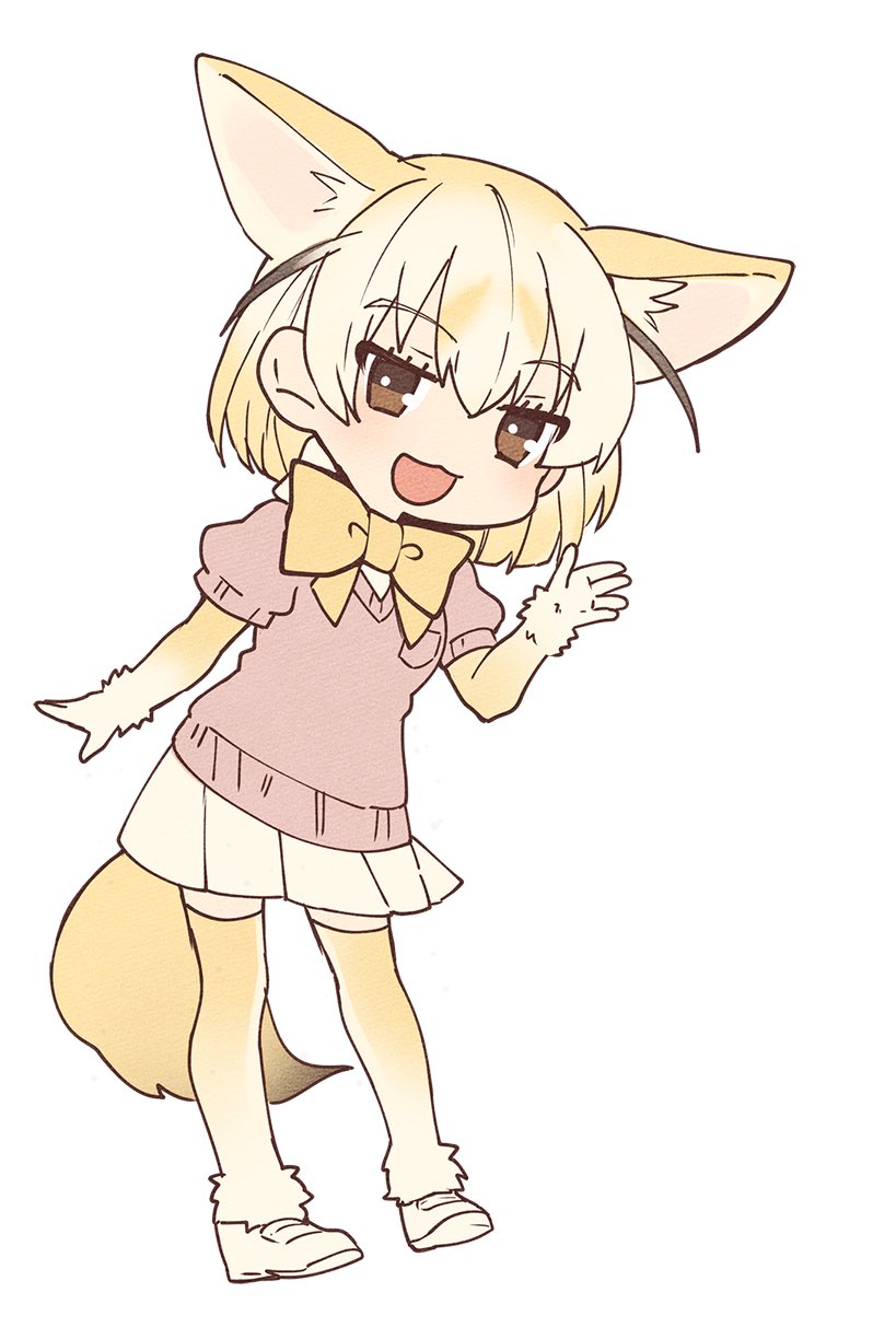 :3 :d animal_ears blonde_hair bow bowtie breast_pocket brown_eyes doremifa_rondo_(vocaloid) extra_ears eyebrows_visible_through_hair fennec_(kemono_friends) fox_ears fox_tail full_body fur_trim hand_up highres kemono_friends looking_at_viewer miniskirt multicolored multicolored_clothes multicolored_legwear official_art open_mouth pink_sweater pleated_skirt pocket short_hair short_sleeves simple_background skirt smile solo sweater tail tama_(songe) thighhighs two-tone_legwear white_background white_footwear white_skirt yellow_legwear yellow_neckwear zettai_ryouiki