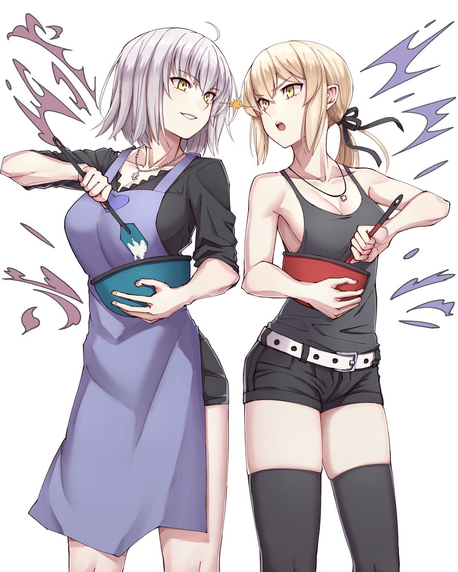 :o ahoge artoria_pendragon_(all) bangs bare_back bare_shoulders belt belt_buckle black_legwear black_ribbon black_shirt black_shorts blush bowl breasts buckle cleavage collarbone cowboy_shot dough eye_contact eyebrows_visible_through_hair fate/grand_order fate_(series) hair_ribbon heart holding holding_bowl jeanne_d'arc_(alter)_(fate) jeanne_d'arc_(fate)_(all) jewelry long_hair looking_at_another low_ponytail medium_breasts michihasu multiple_girls necklace open_mouth parted_lips pendant purple_apron ribbon saber_alter shirt short_hair shorts sideboob silver_hair simple_background sleeveless sleeves_pushed_up standing tank_top thighhighs white_background yellow_eyes
